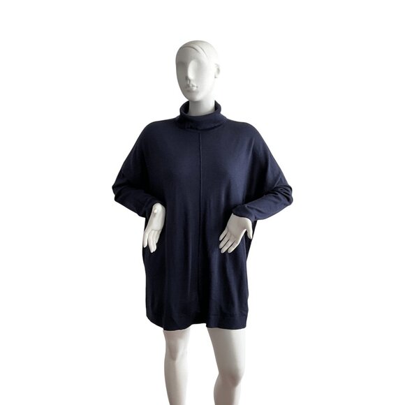 100% Merino Wool Eileen Fisher Mock Neck Long Sleeve Dress Blue XL - Picture 1 of 8